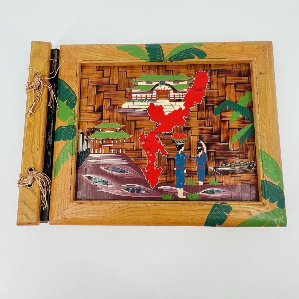 Vtg 1950s Okinawa Japan Wooden Photo Album Scrapbook Hand Painted Map Black Page